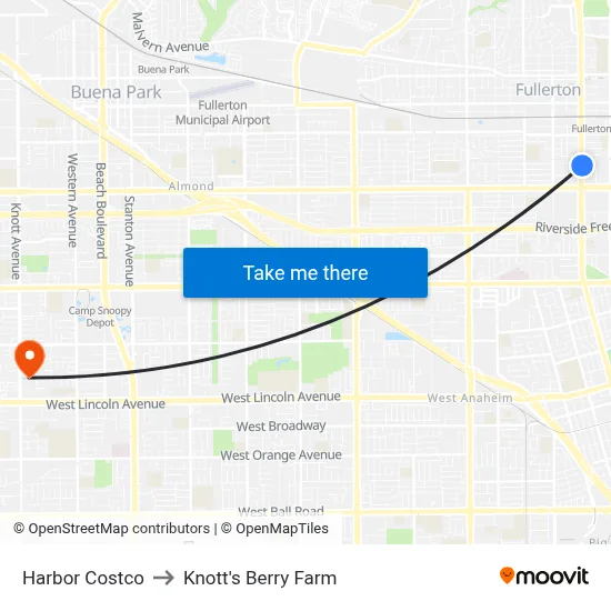 Harbor Costco to Knott's Berry Farm map