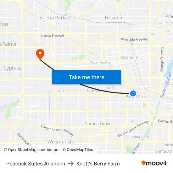 Peacock Suites Anaheim to Knott's Berry Farm map