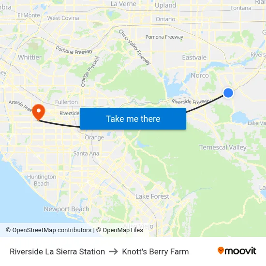 Riverside La Sierra Station to Knott's Berry Farm map