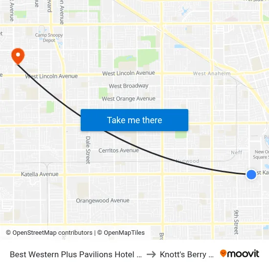 Best Western Plus Pavilions Hotel Anaheim to Knott's Berry Farm map
