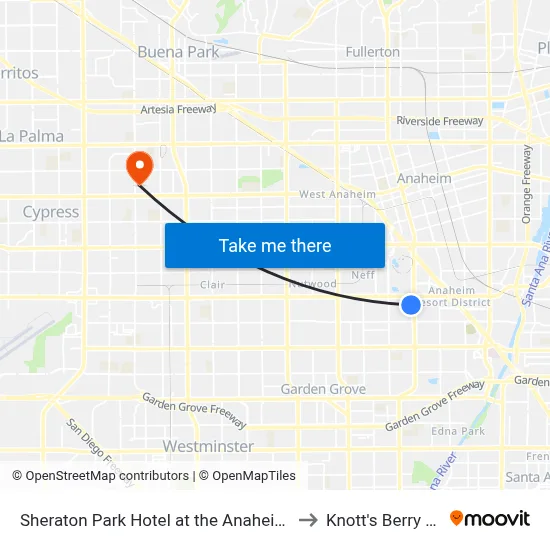 Sheraton Park Hotel at the Anaheim Resort to Knott's Berry Farm map