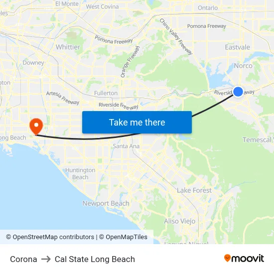 Corona to Cal State Long Beach map