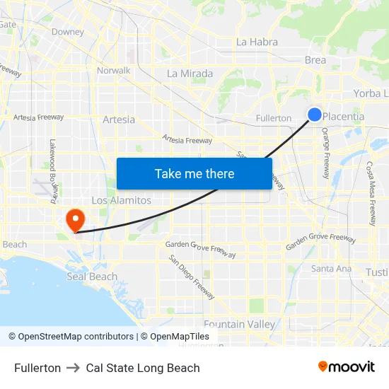 Fullerton to Cal State Long Beach map