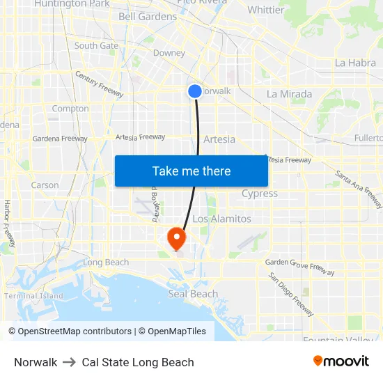 Norwalk to Cal State Long Beach map