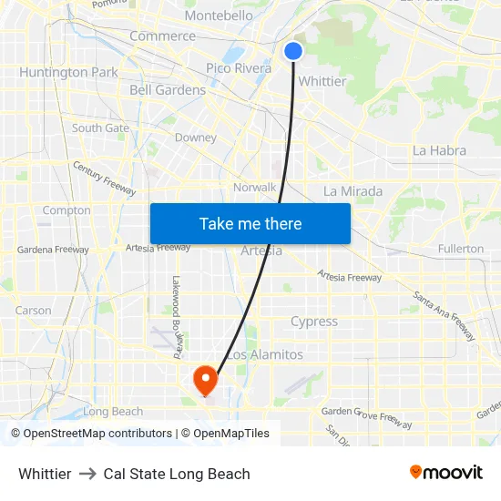 Whittier to Cal State Long Beach map