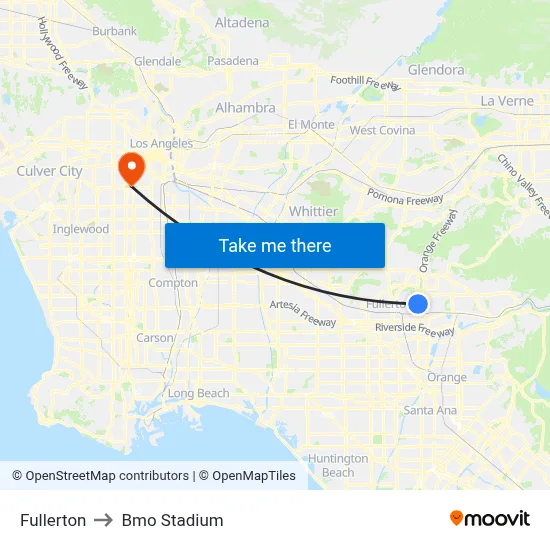 Fullerton to Bmo Stadium map