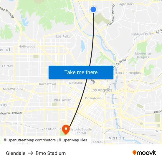 Glendale to Bmo Stadium map
