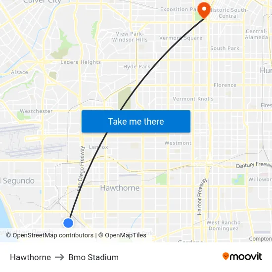 Hawthorne to Bmo Stadium map
