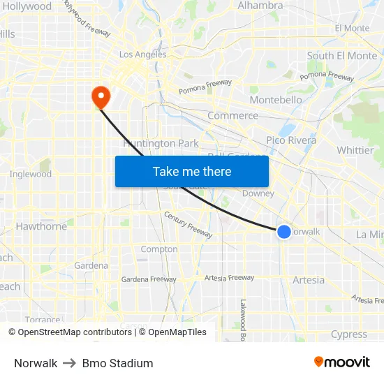 Norwalk to Bmo Stadium map
