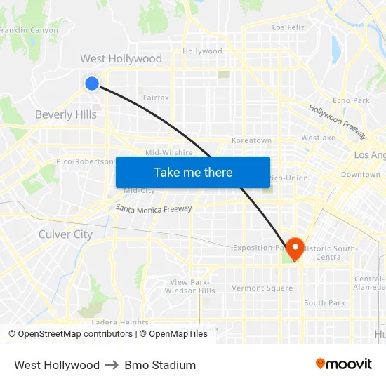 West Hollywood to Bmo Stadium map