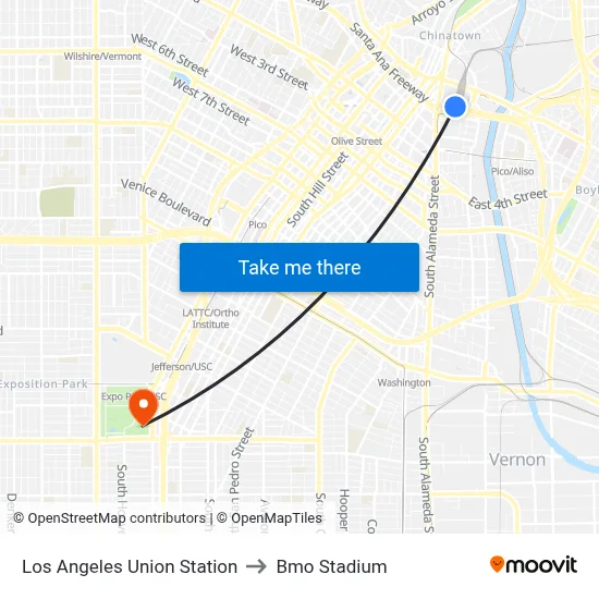 Los Angeles Union Station to Bmo Stadium map