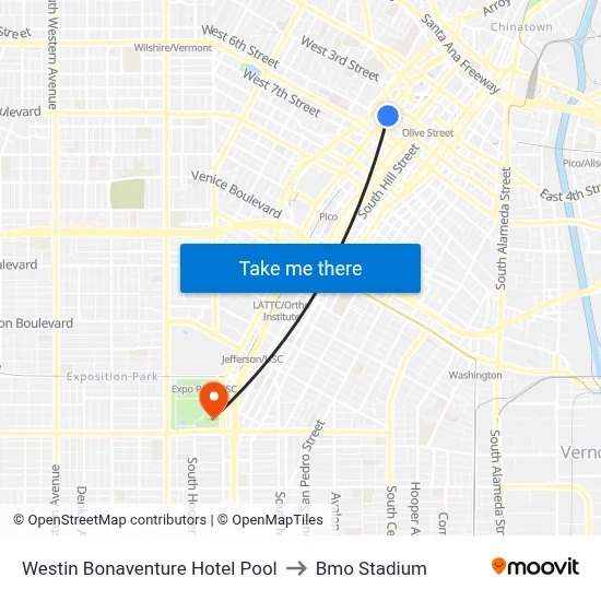 Westin Bonaventure Hotel Pool to Bmo Stadium map