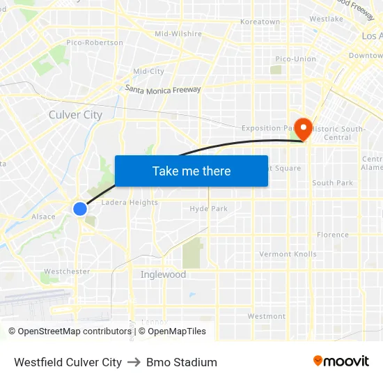 Westfield Culver City to Bmo Stadium map