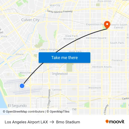 Los Angeles Airport LAX to Bmo Stadium map