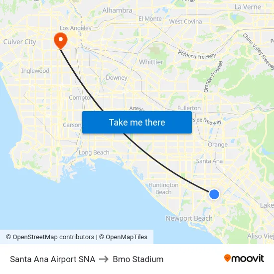 Santa Ana Airport SNA to Bmo Stadium map
