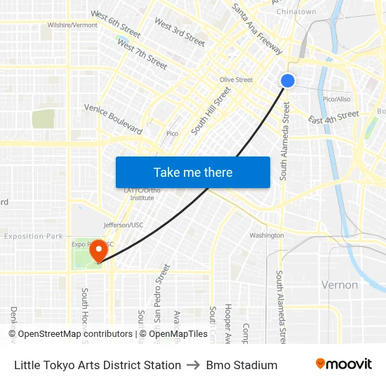 Little Tokyo Arts District Station to Bmo Stadium map