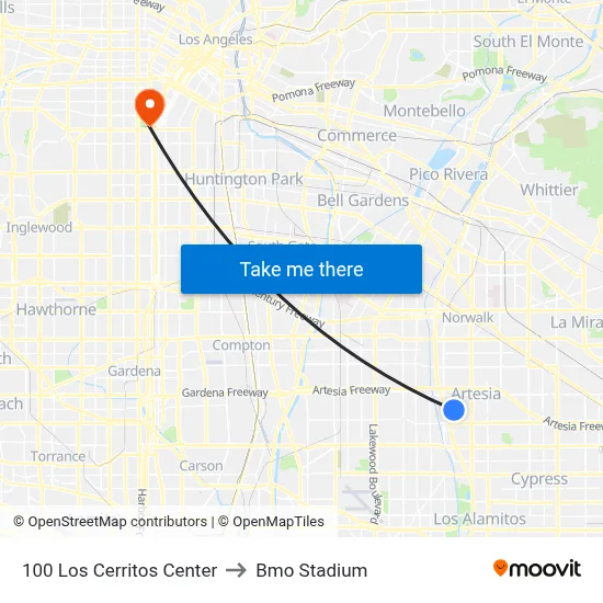 100 Los Cerritos Center to Bmo Stadium map