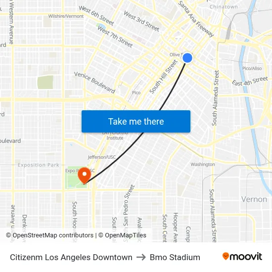 Citizenm Los Angeles Downtown to Bmo Stadium map
