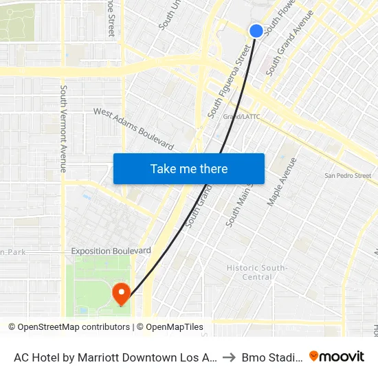 AC Hotel by Marriott Downtown Los Angeles to Bmo Stadium map