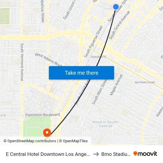 E Central Hotel Downtown Los Angeles to Bmo Stadium map