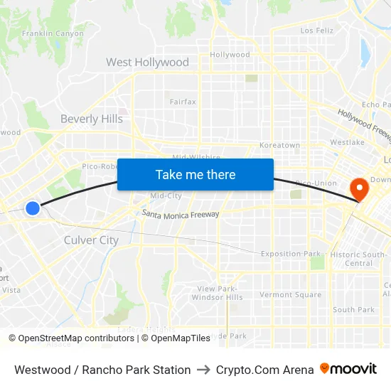 Westwood / Rancho Park Station to Crypto.Com Arena map