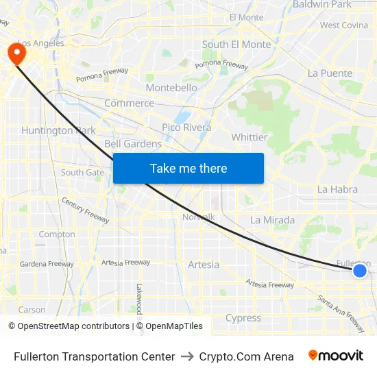 Fullerton Transportation Center to Crypto.Com Arena map