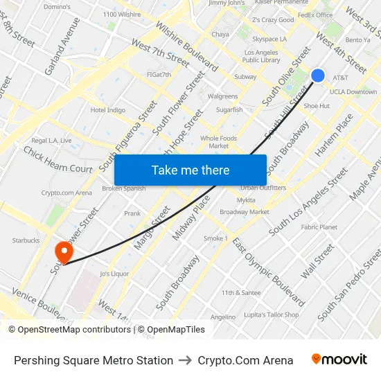Pershing Square Metro Station to Crypto.Com Arena map