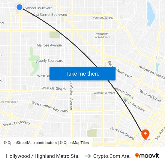 Hollywood / Highland Metro Station to Crypto.Com Arena map