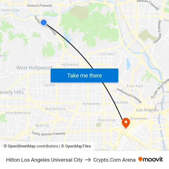 Hilton Los Angeles Universal City to Crypto.Com Arena map
