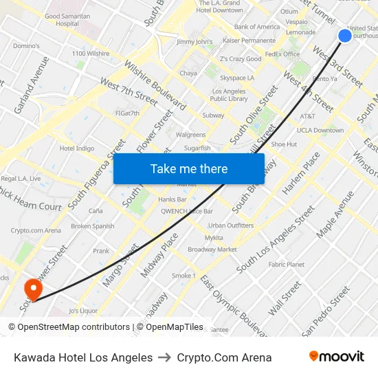 Kawada Hotel Los Angeles to Crypto.Com Arena map