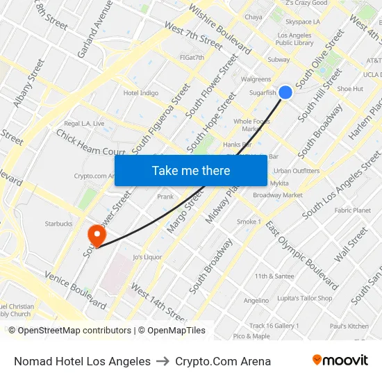 Nomad Hotel Los Angeles to Crypto.Com Arena map