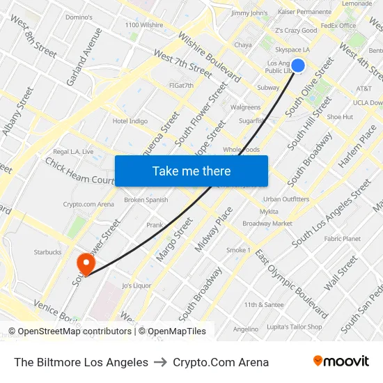 The Biltmore Los Angeles to Crypto.Com Arena map