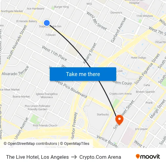 The Live Hotel, Los Angeles to Crypto.Com Arena map
