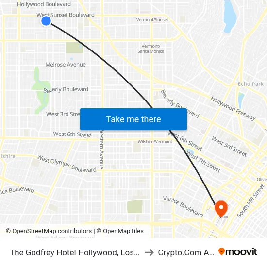 The Godfrey Hotel Hollywood, Los Angeles to Crypto.Com Arena map