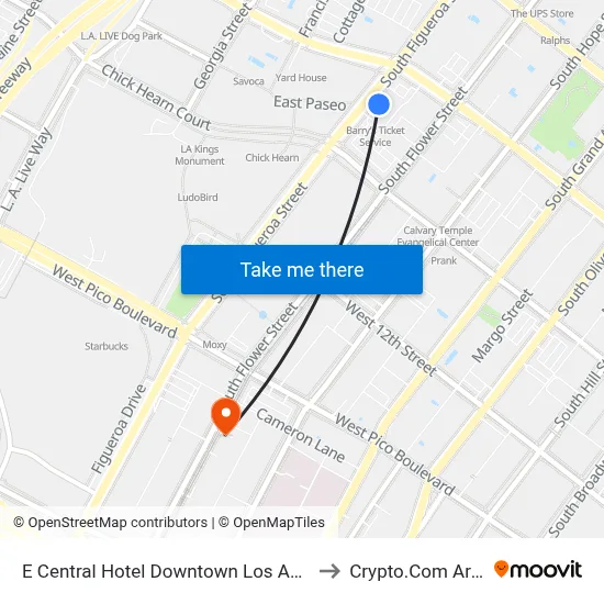 E Central Hotel Downtown Los Angeles to Crypto.Com Arena map