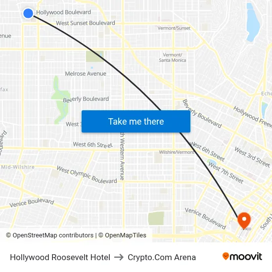 Hollywood Roosevelt Hotel to Crypto.Com Arena map