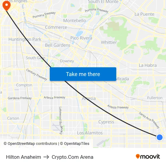 Hilton Anaheim to Crypto.Com Arena map