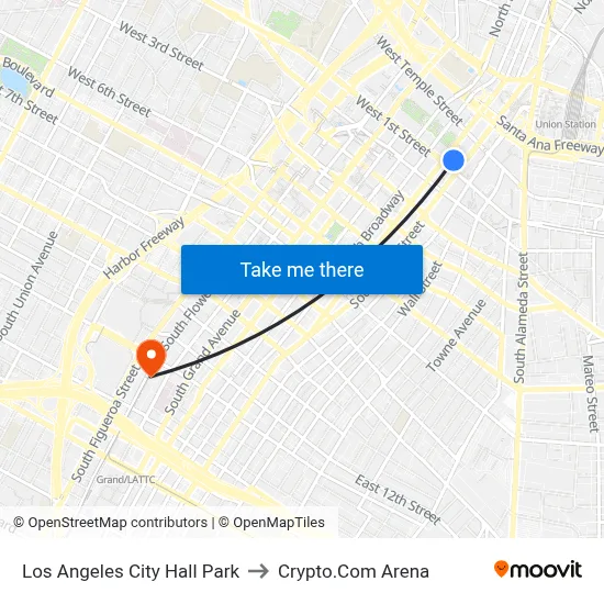 Los Angeles City Hall Park to Crypto.Com Arena map