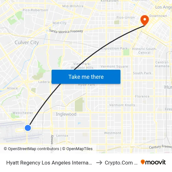 Hyatt Regency Los Angeles International Airport to Crypto.Com Arena map