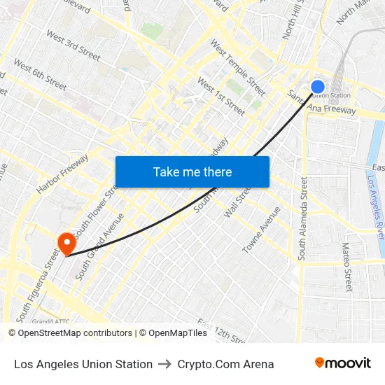 Los Angeles Union Station to Crypto.Com Arena map