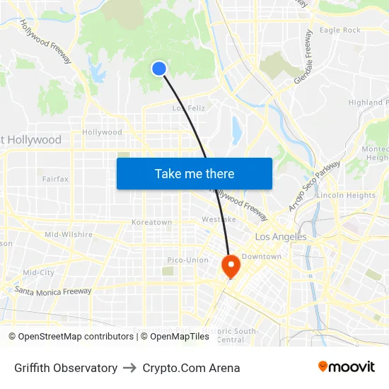 Griffith Observatory to Crypto.Com Arena map