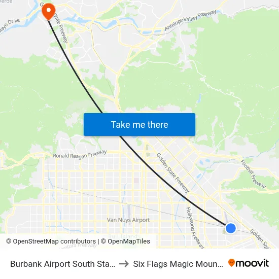 Burbank Airport South Station to Six Flags Magic Mountain map