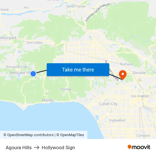 Agoura Hills to Hollywood Sign map