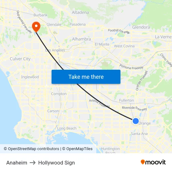 Anaheim to Hollywood Sign map