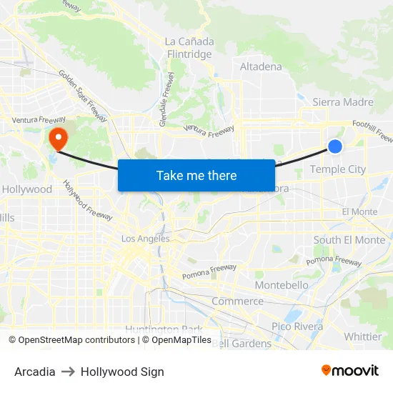 Arcadia to Hollywood Sign map