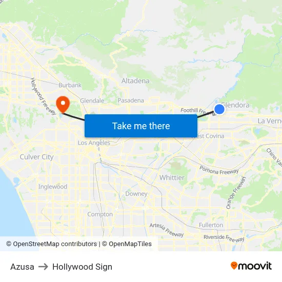Azusa to Hollywood Sign map