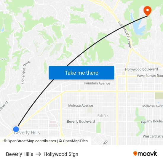Beverly Hills to Hollywood Sign map