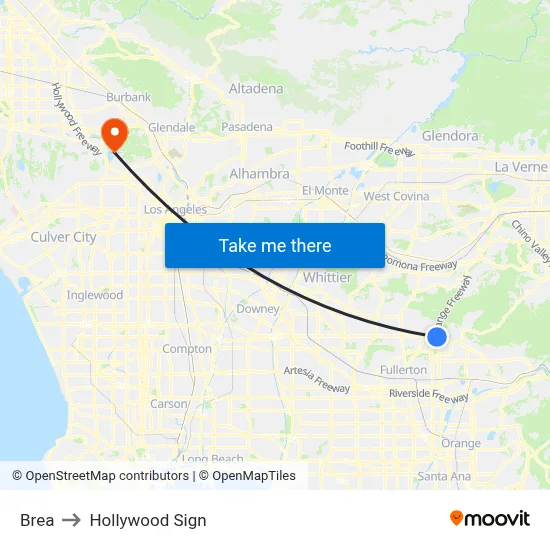 Brea to Hollywood Sign map