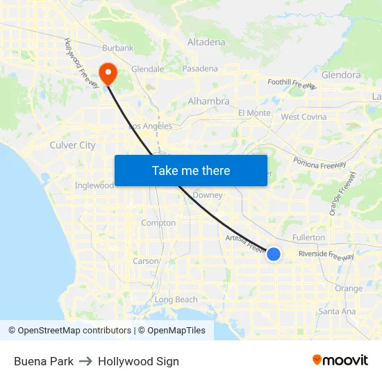 Buena Park to Hollywood Sign map