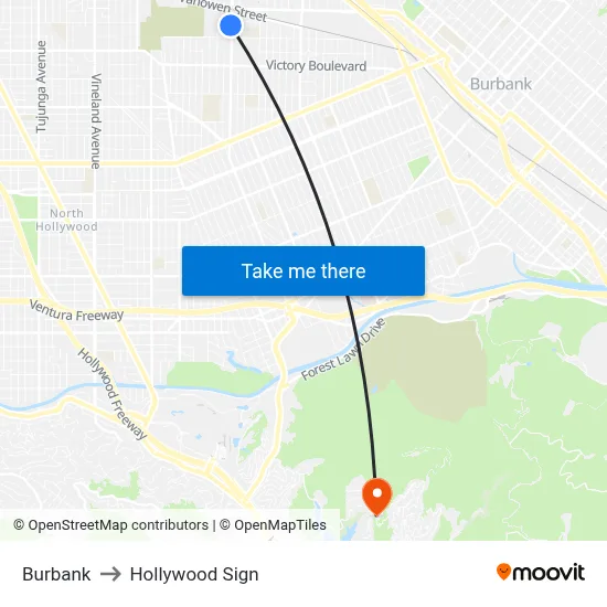 Burbank to Hollywood Sign map